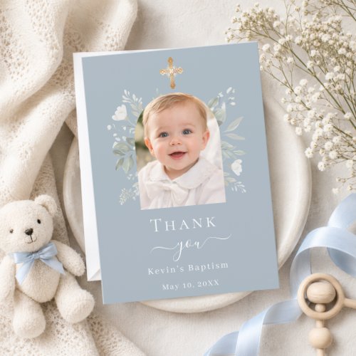 Baptism arch photo dusty blue white floral boy thank you card