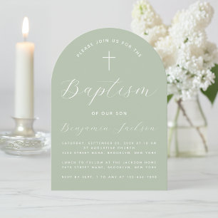 Baptism Arch Sage Green Modern Handwriting & Cross Invitation