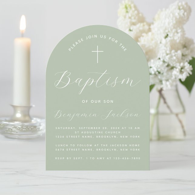 Baptism Arch Sage Green Modern Handwriting & Cross Invitation (Creator Uploaded)