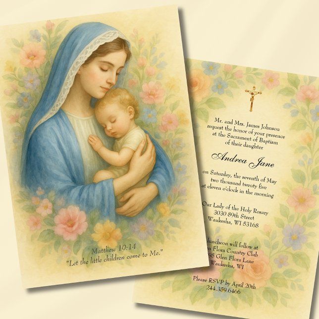 Baptism Azure Blue Mother & Child Floral  Invitation (Creator Uploaded)