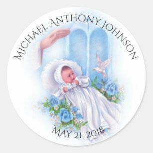 Baptism Baby Boy Blue Flowers Cross Classic Round Sticker
