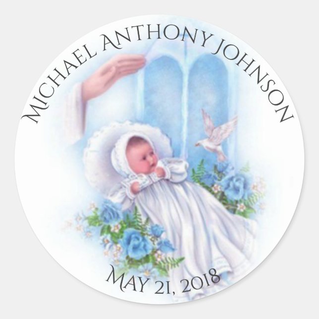 Baptism Baby Boy Blue Flowers Cross Classic Round Sticker (Front)