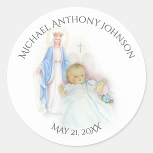 Baptism Baby Boy Blue Flowers Mary Classic Round Sticker