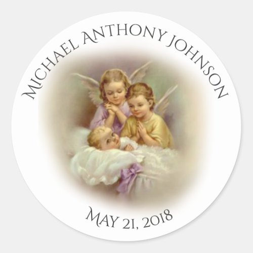 Baptism Baby Boy or Girl angels praying Classic Round Sticker