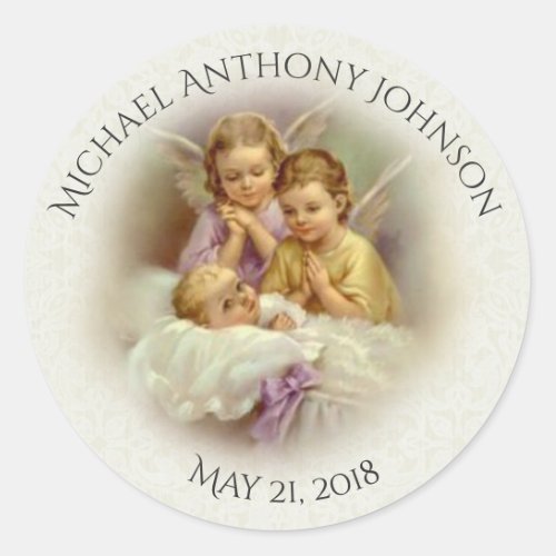 Baptism Baby Boy or GIrl angels praying Classic Round Sticker