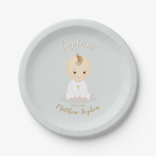 Baptism Baby Boy Paper Plates (Front)