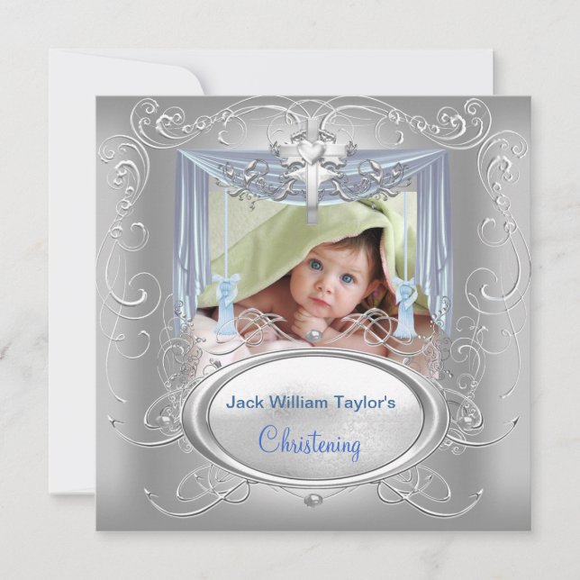 Baptism Baby Christening Boy Blue Silver Cross Announcement (Front)
