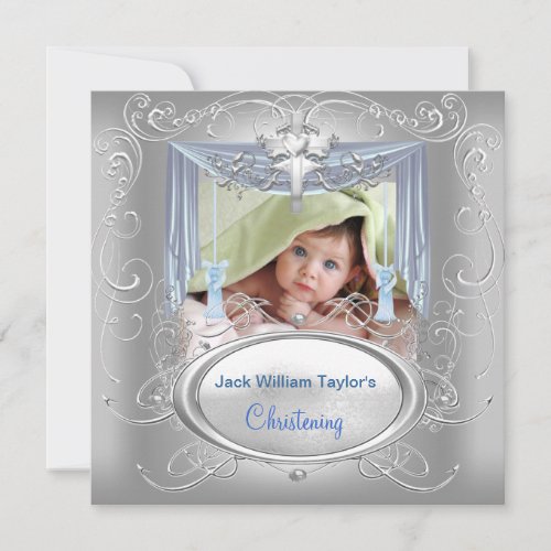 Baptism Baby Christening Boy Blue Silver Cross Announcement