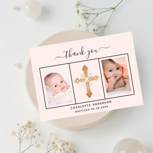 Baptism baby girl blush pink photo thank you card