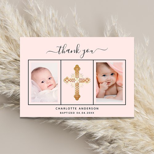 Baptism baby girl blush rose gold photo script thank you card