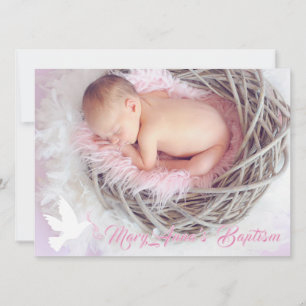 Baptism baby girl dove and photo invitation card