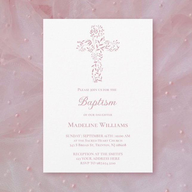 Baptism baby girl | foliage cross  invitation (Creator Uploaded)