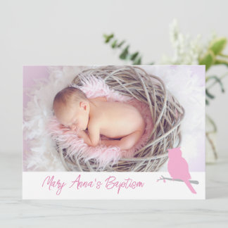 Baptism baby girl owl bird photo invitation card