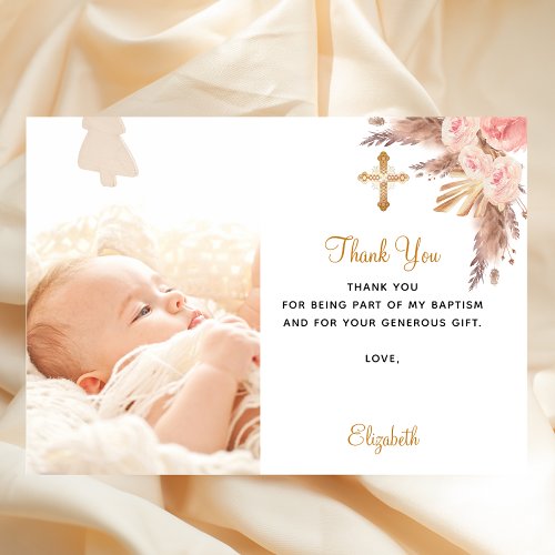 Baptism baby girl pampas photo thank you card