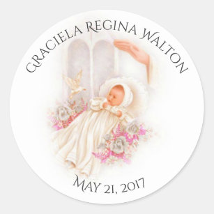Baptism Baby Girl Pink Flowers Cross Classic Round Sticker