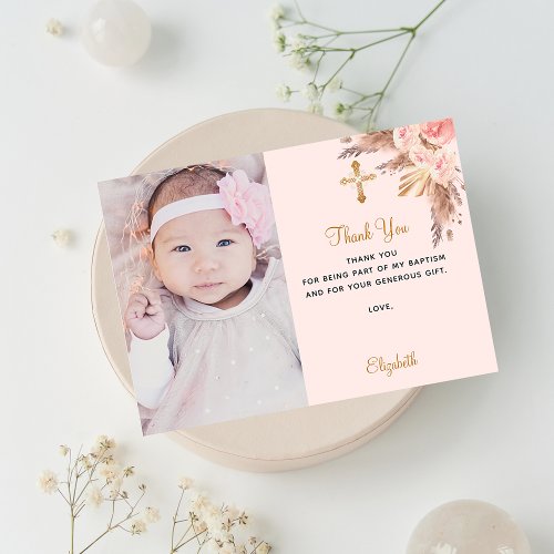 Baptism baby girl pink pampas photo thank you card