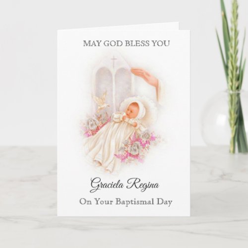 Baptism Baby Girl Roses Cross Blessing Card