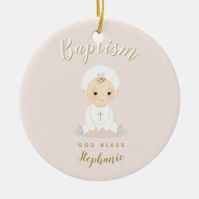 Baptism Baby Girl with Bonnet Ceramic Ornament (Front)