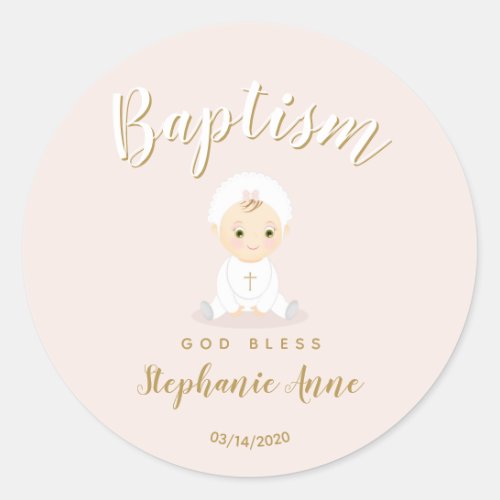 Baptism Baby Girl with Bonnet Classic Round Sticker
