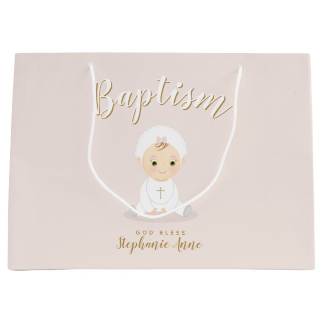 Baptism Baby Girl with Bonnet Large Gift Bag (Front)