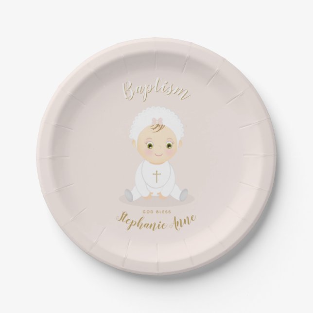 Baptism Baby Girl with Bonnet Paper Plates (Front)