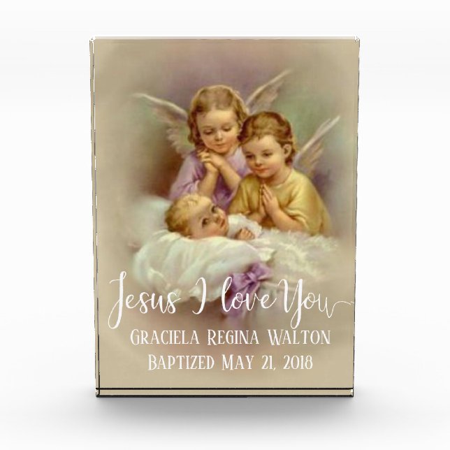 Baptism Baby Infant  Praying Angels Script Overlay Photo Block (Front)