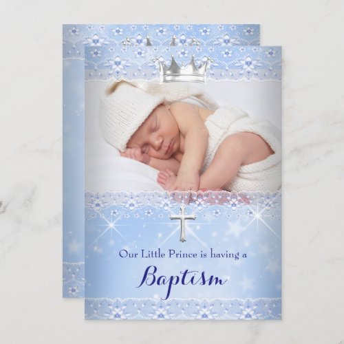 Baptism Baby Photo of Boy Blue Crown Invitation