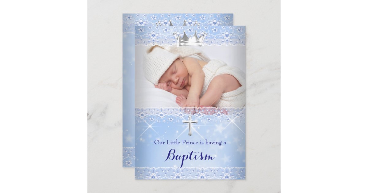Baptism Baby Photo Of Boy Blue Crown Invitation Zazzle Com