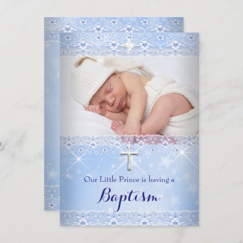 Baptism Baby Photo of Boy Blue Lace Invitation