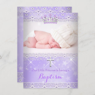 Baptism Baby Photo of Girl Lilac Purple Tiara Invitation