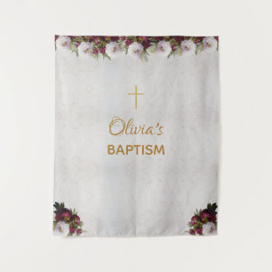 Baptism Backdrop Gold Cross Burgundy Peony Marble