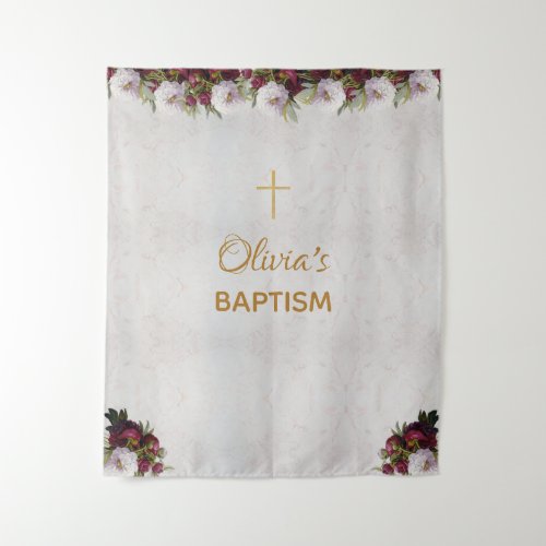 Baptism Backdrop Gold Cross Burgundy Peony Marble