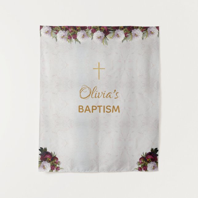 Baptism Backdrop Gold Cross Burgundy Peony Marble (Front)