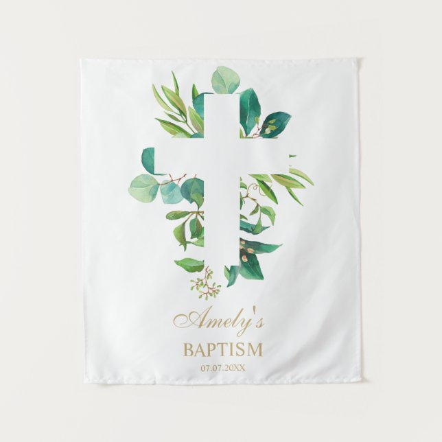 Baptism Backdrop - Greenery Eucalyptus Cross (Front)