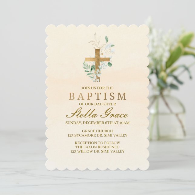 Baptism, Baptismal invite, greenery & gold Invitation (Standing Front)