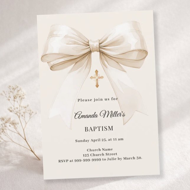 Baptism beige bow elegant neutral invitation (Creator Uploaded)
