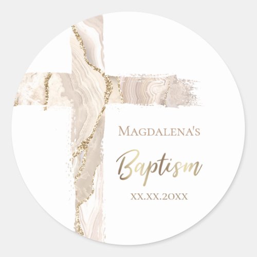 Baptism beige pink agate cross classic round sticker