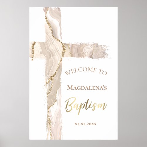 Baptism  beige pink cross agate welcome sign