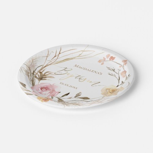 Baptism beige pink flowers baby girl  paper plates