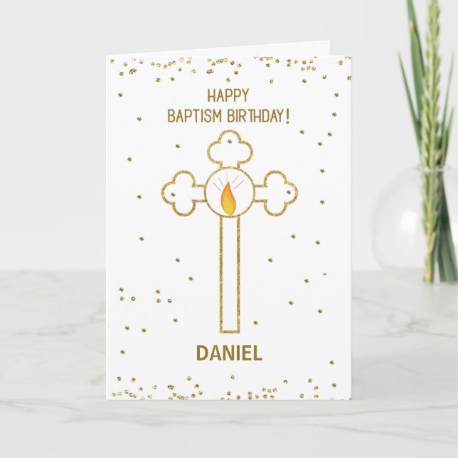 Baptism Birthday Custom Name Gold Looking Cross Card (Front)