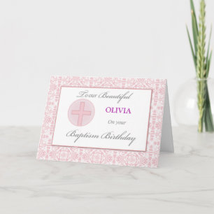 Baptism Birthday Custom Name Pink Lace Pattern Card