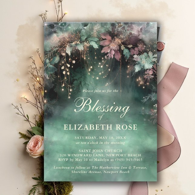 Baptism Blessing Enchanted Forest Garden Botanical Invitation (baptism invitation christening enchanted forest garden botanical greenery emerald gold purple)