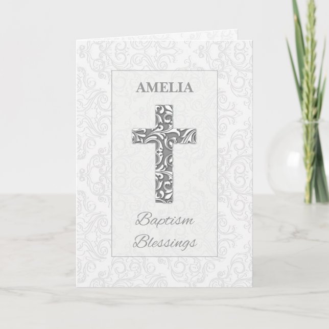 Baptism Blessings Gray and Silver Look Cross Card (Front)
