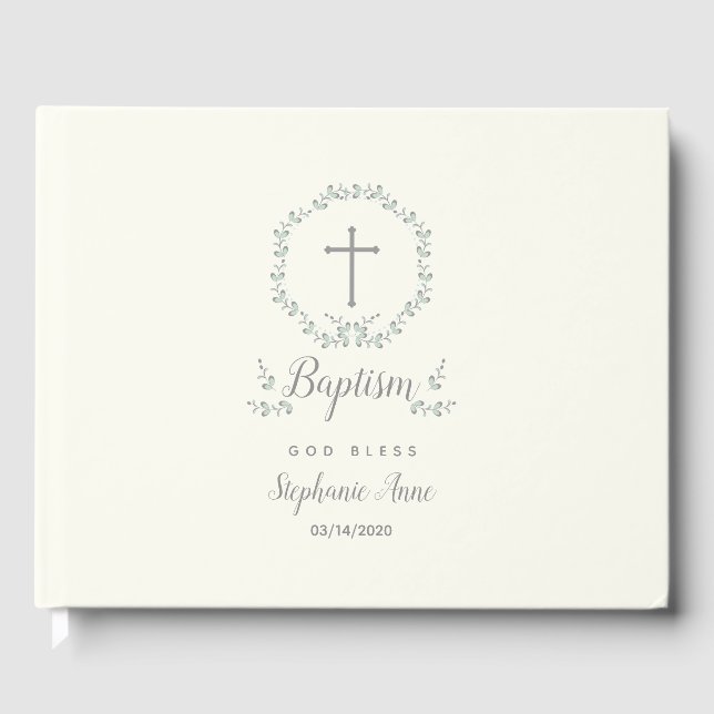 Baptism Blue and Green Leaf Wreath Guest Book (Front)