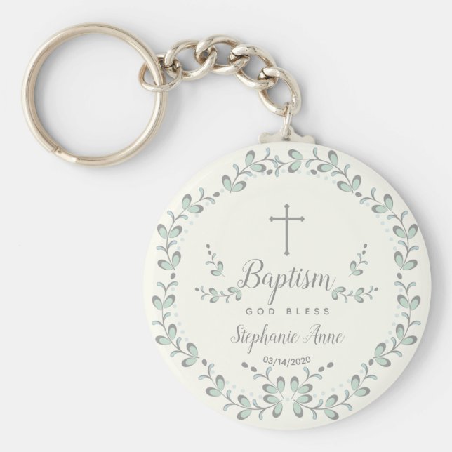 Baptism Blue and Green Leaf Wreath Keychain (Front)