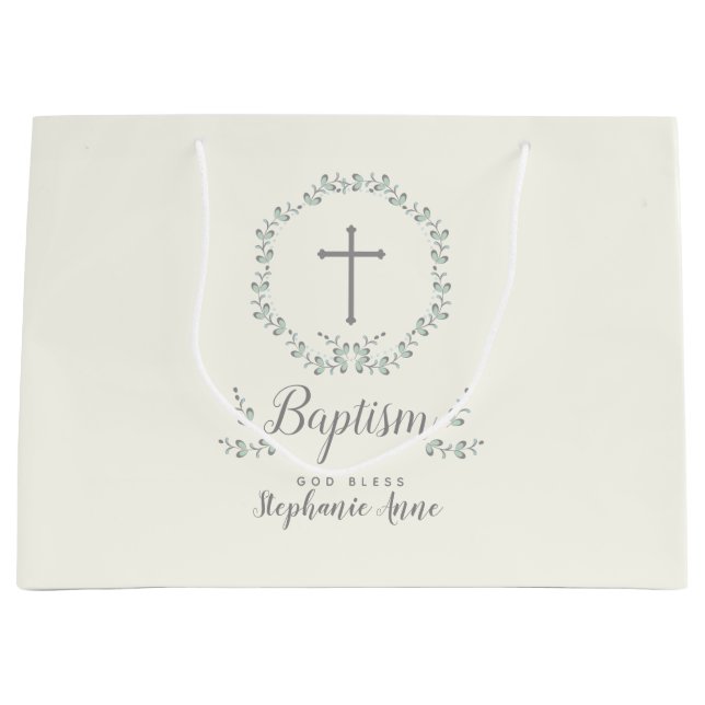 Baptism Blue and Green Leaf Wreath Large Gift Bag (Front)