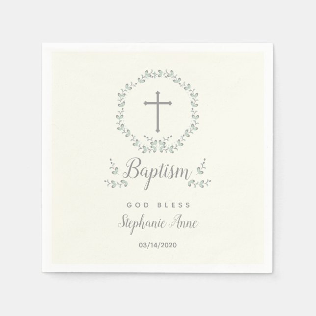 Baptism Blue and Green Leaf Wreath Napkins (Front)
