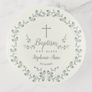 Baptism Blue and Green Leaf Wreath Trinket Tray