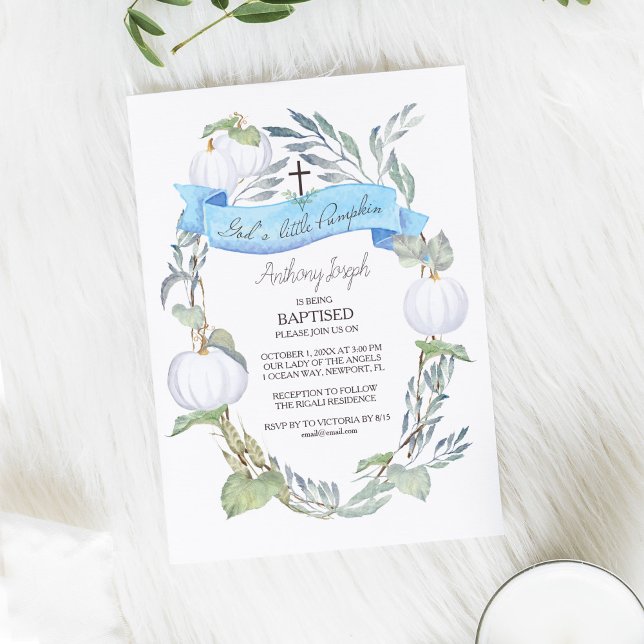 Baptism Blue and White Pumpkins Boy Fall Invitation (Creator Uploaded)