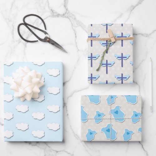 Baptism Blue Baby Cloud Cross Wrapping Paper Sheets